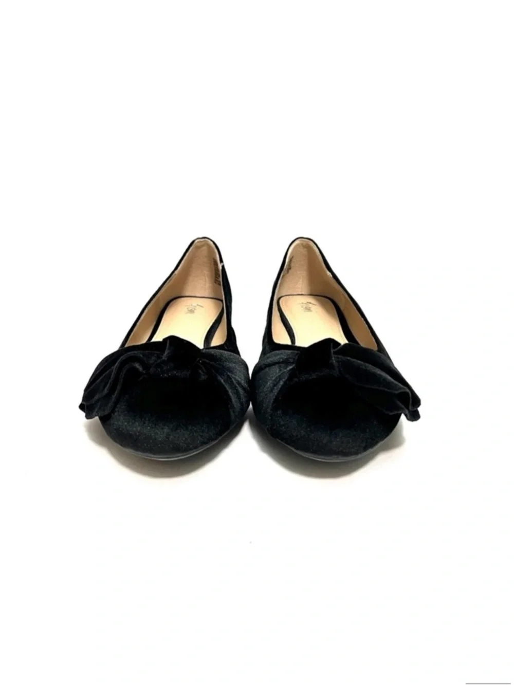 Vintage Y2K deadstock black velvet asymmetrical bow slip on ballet flats